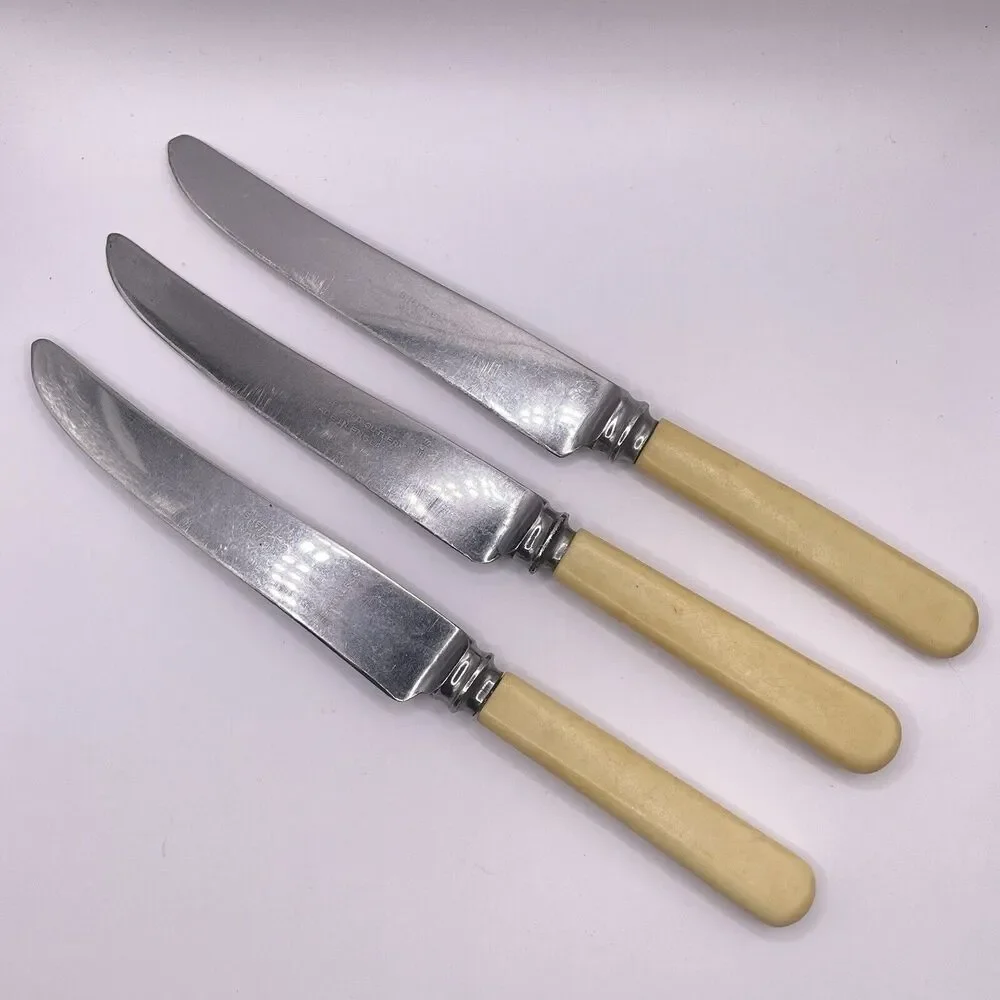 Bakelite Handle Yellow SHEFFIELD Butter Knife Set of 3 Lot MCM Vintage 8